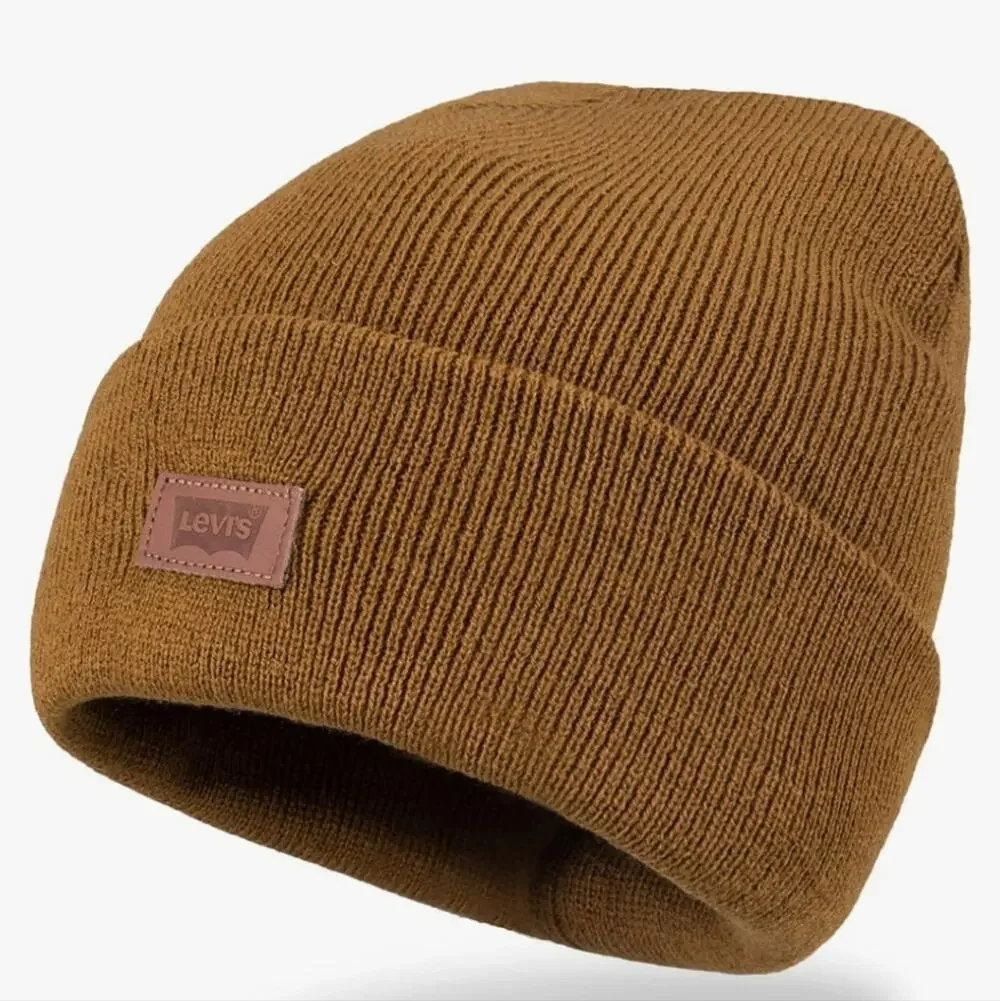 Levi's All Season Comfy Leather Logo Patch Cuffed Hero Beanie Tan